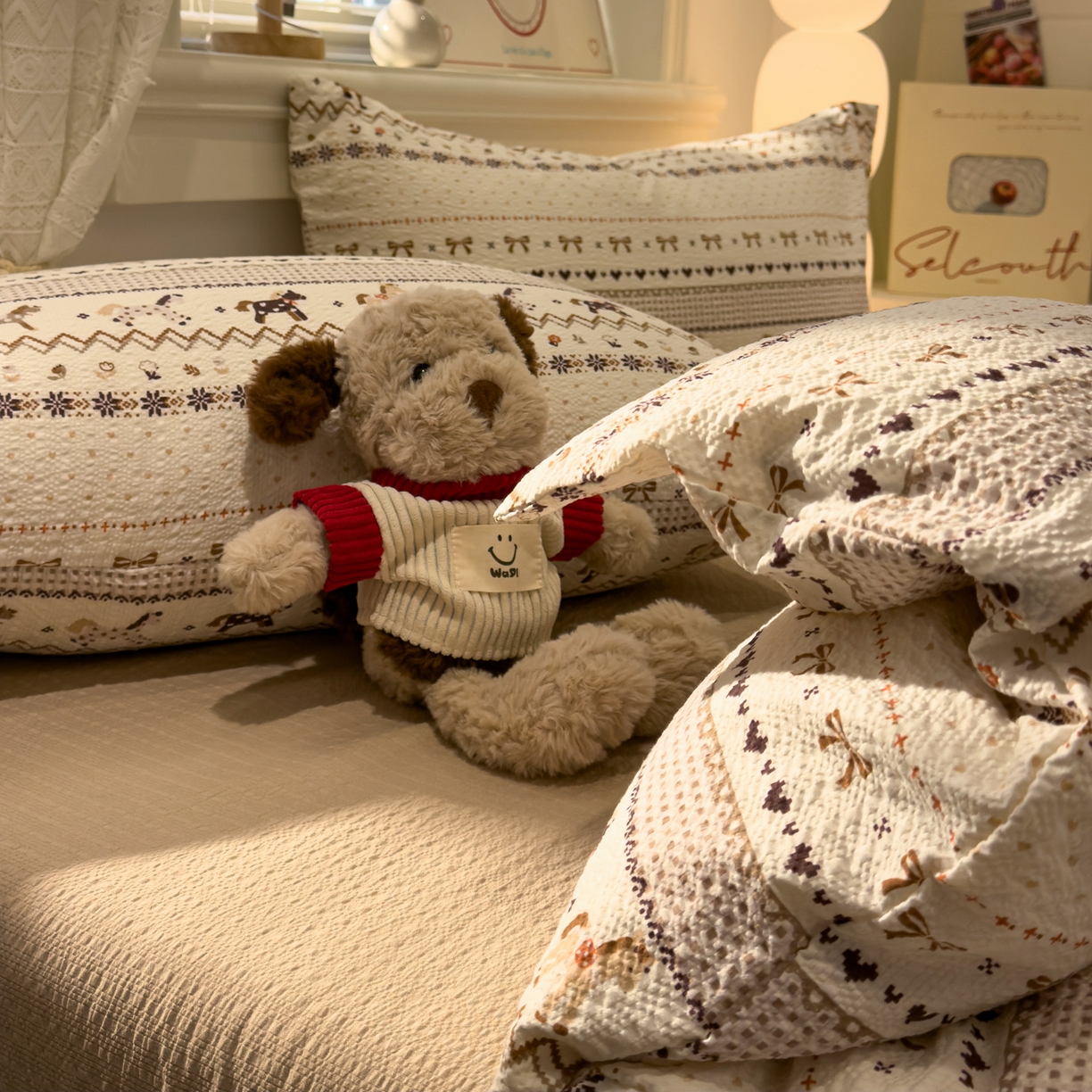 91家纺网 家纺一手货源 找家纺 老K (原美阁） 2026新款费尔岛泡芙棉四件套简约款单被套四件套 焦糖小森林