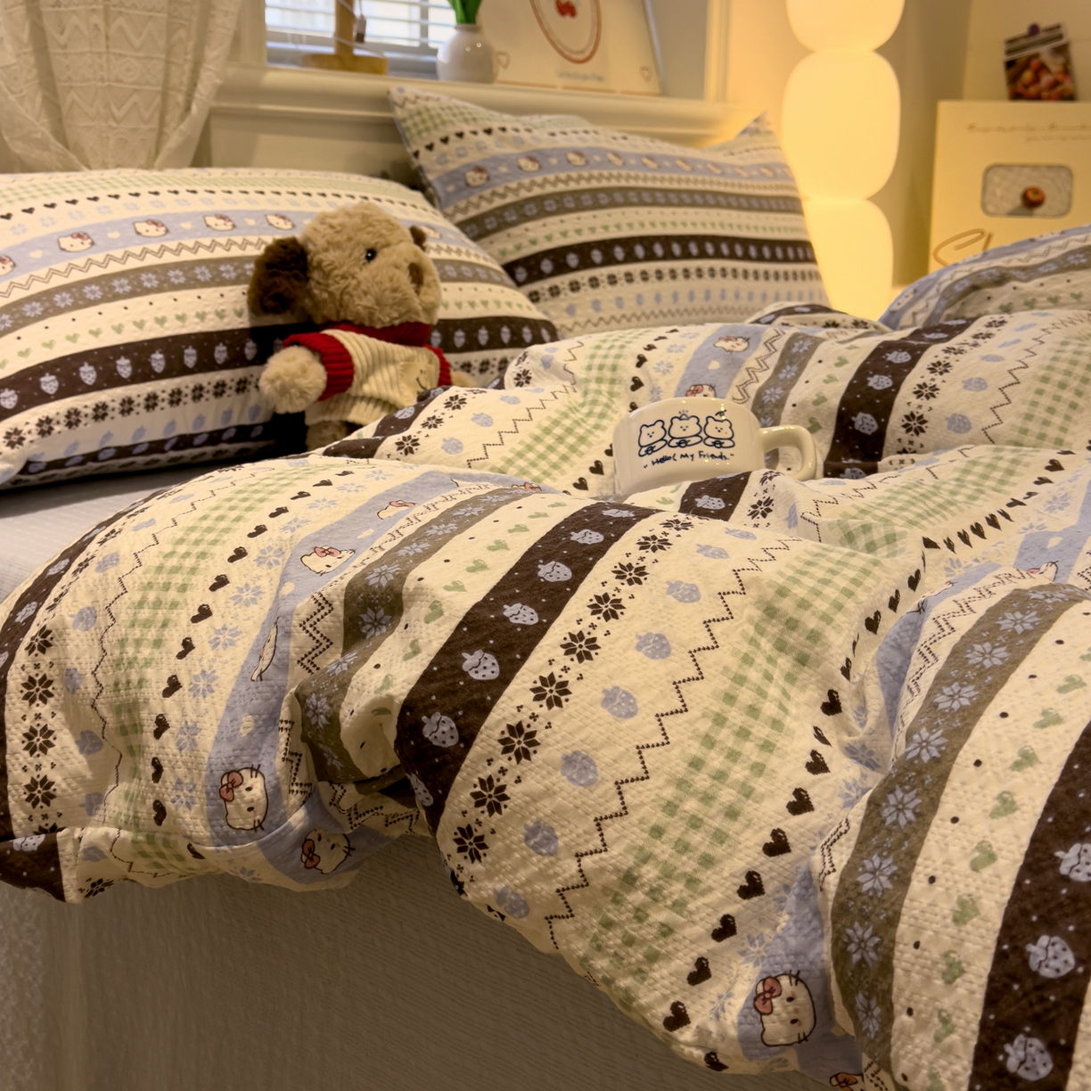 91家纺网 家纺一手货源 找家纺 老K (原美阁） 2026新款费尔岛泡芙棉四件套简约款单被套四件套 甜心凯特猫-蓝