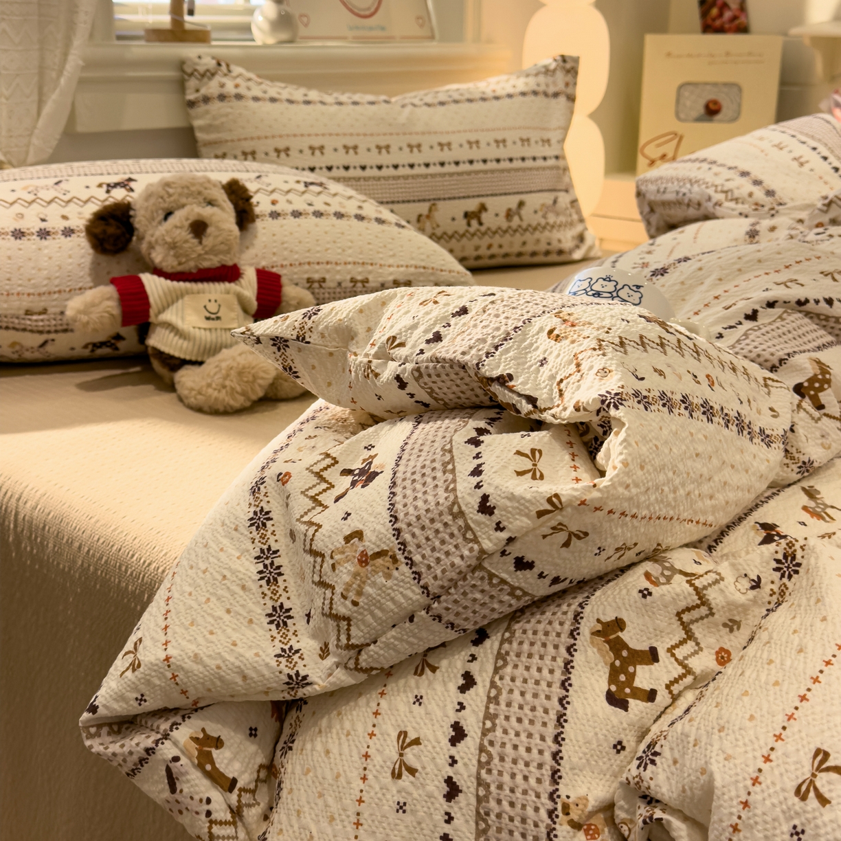 91家纺网 家纺一手货源 找家纺 老K (原美阁） 2026新款费尔岛泡芙棉四件套简约款单被套四件套 焦糖小森林