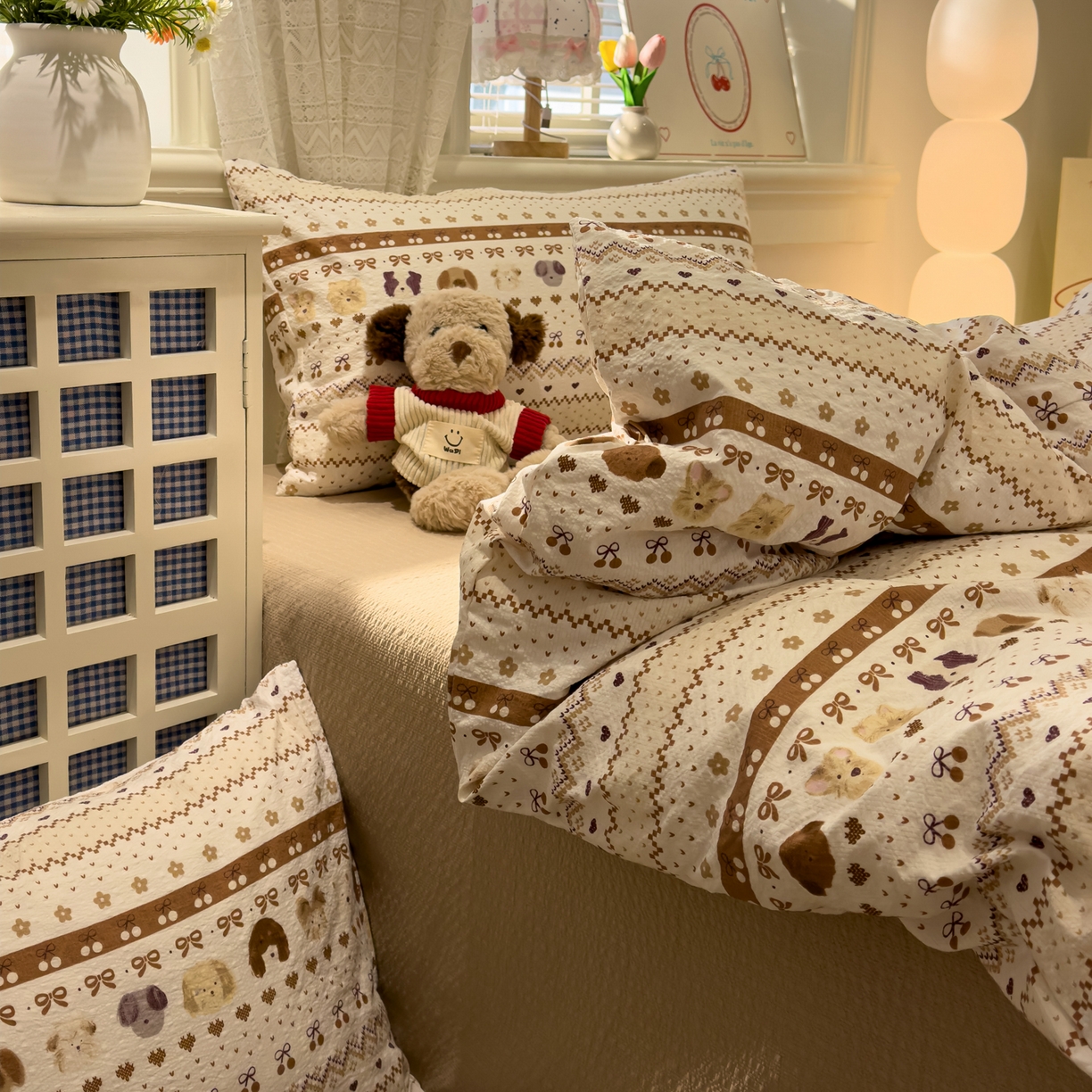 91家纺网 家纺一手货源 找家纺 老K (原美阁） 2026新款费尔岛泡芙棉四件套简约款单被套四件套 甜心小狗