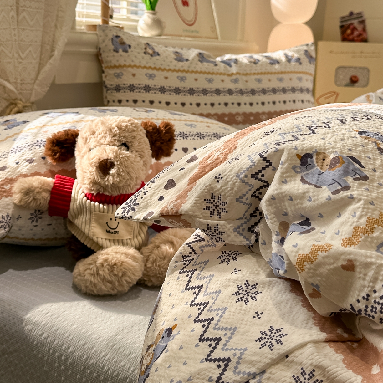 91家纺网 家纺一手货源 找家纺 老K (原美阁） 2026新款费尔岛泡芙棉四件套简约款单被套四件套 萌趣小马