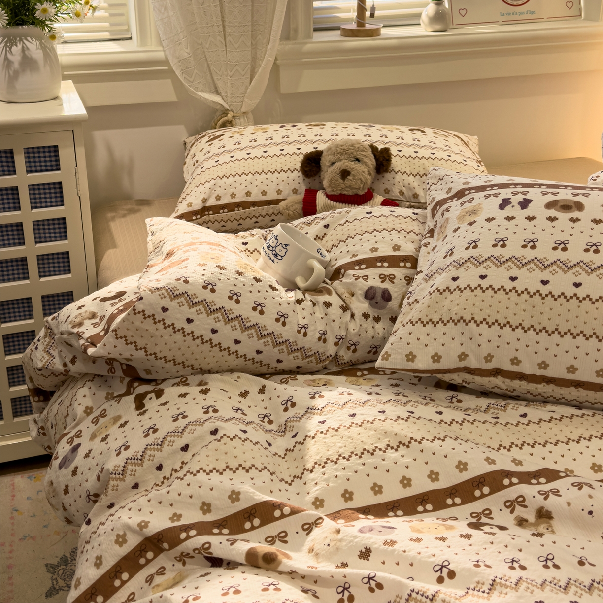 91家纺网 家纺一手货源 找家纺 老K (原美阁） 2026新款费尔岛泡芙棉四件套简约款单被套四件套 甜心小狗