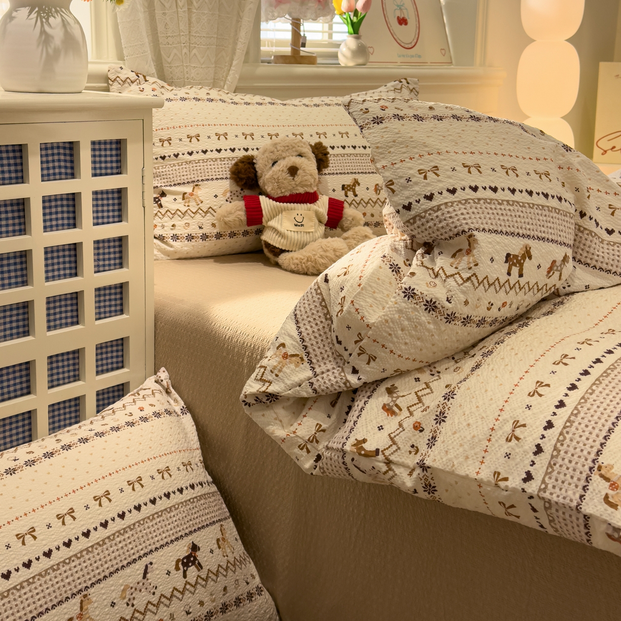 91家纺网 家纺一手货源 找家纺 老K (原美阁） 2026新款费尔岛泡芙棉四件套简约款单被套四件套 焦糖小森林