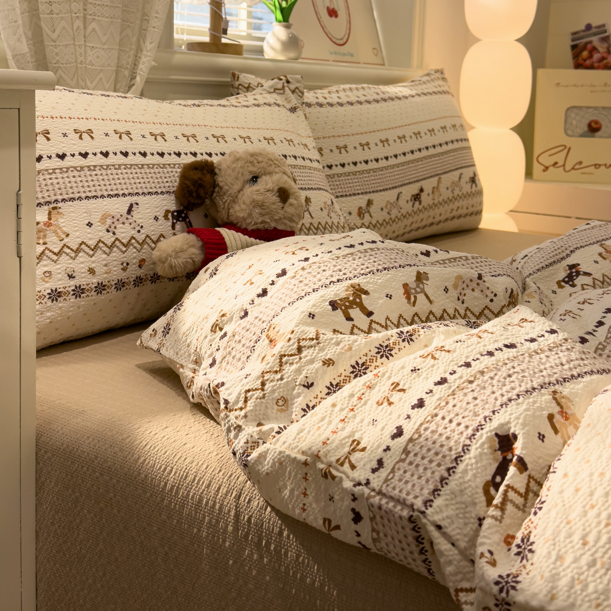 91家纺网 家纺一手货源 找家纺 老K (原美阁） 2026新款费尔岛泡芙棉四件套简约款单被套四件套 焦糖小森林