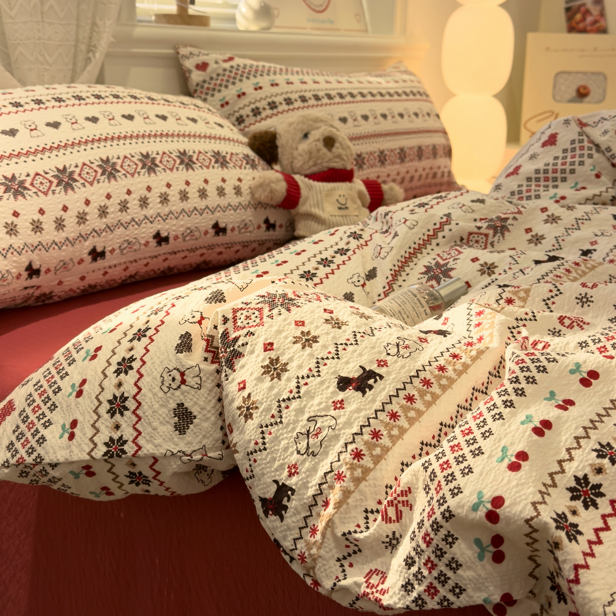 老K (原美阁） 2026新款费尔岛泡芙棉四件套简约款单被套四件套 圣诞小狗