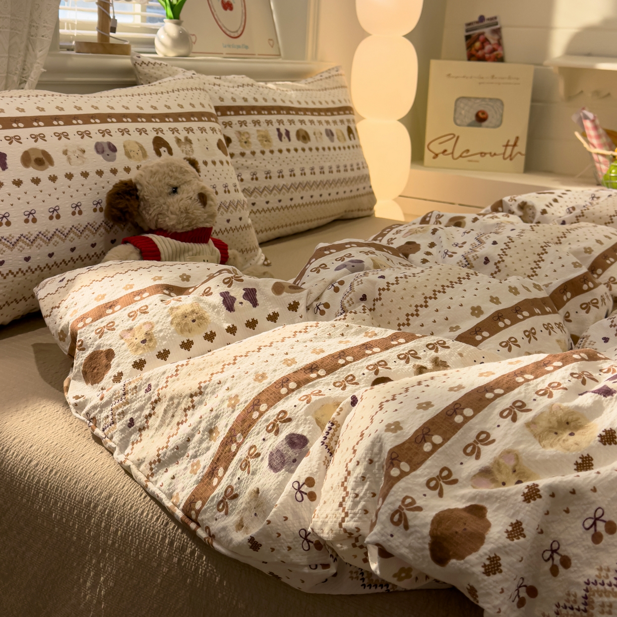 91家纺网 家纺一手货源 找家纺 老K (原美阁） 2026新款费尔岛泡芙棉四件套简约款单被套四件套 甜心小狗