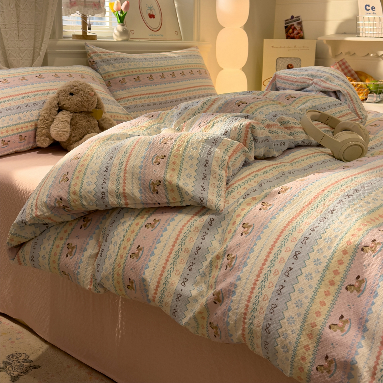 91家纺网 家纺一手货源 找家纺 老K (原美阁） 2026新款费尔岛泡芙棉四件套简约款单被套四件套 欢快小木马