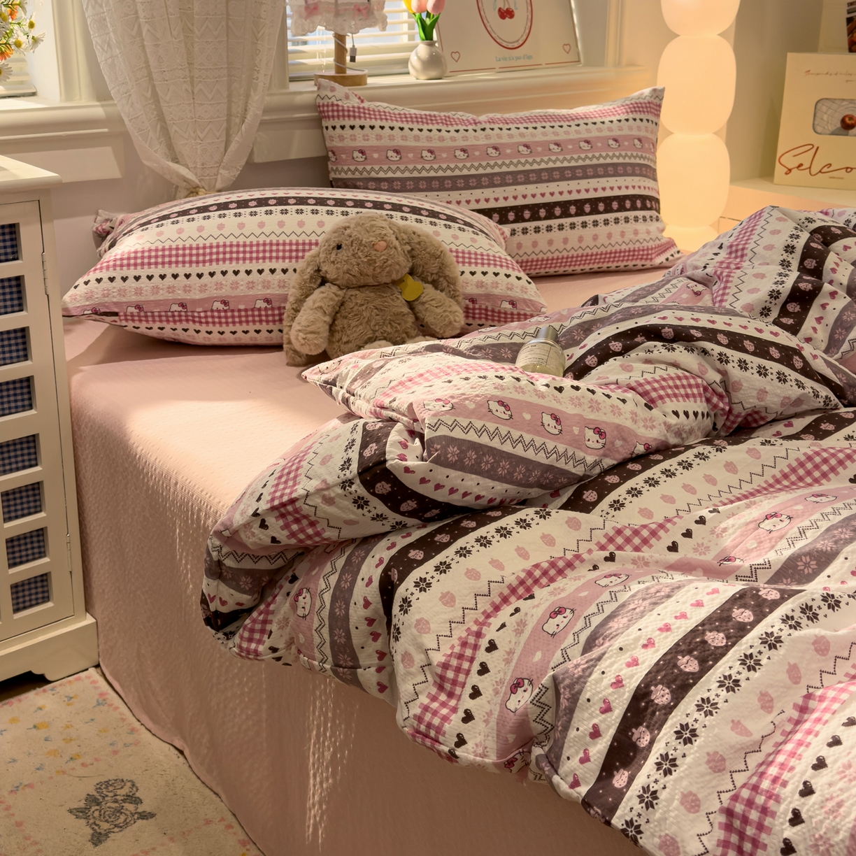 91家纺网 家纺一手货源 找家纺 老K (原美阁） 2026新款费尔岛泡芙棉四件套简约款单被套四件套 甜心凯特粉