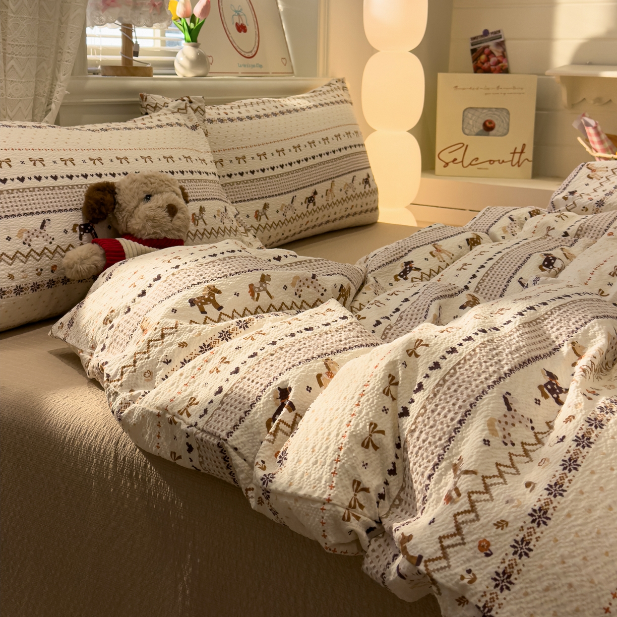 91家纺网 家纺一手货源 找家纺 老K (原美阁） 2026新款费尔岛泡芙棉四件套简约款单被套四件套 焦糖小森林