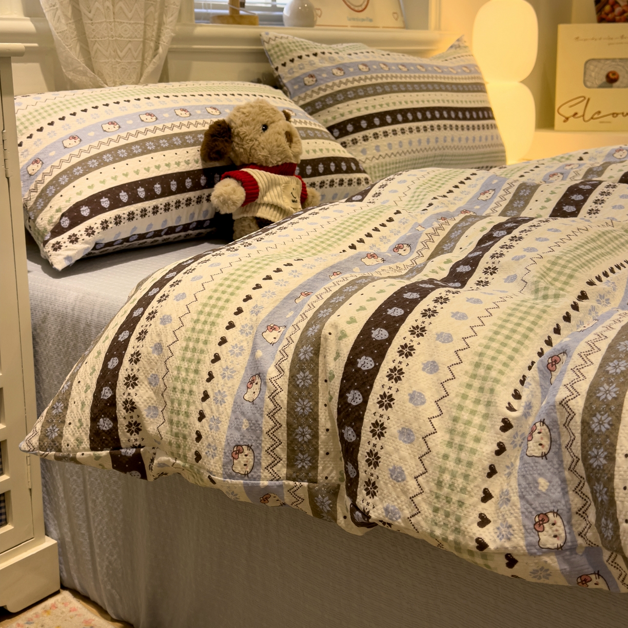 91家纺网 家纺一手货源 找家纺 老K (原美阁） 2026新款费尔岛泡芙棉四件套简约款单被套四件套 甜心凯特猫-蓝