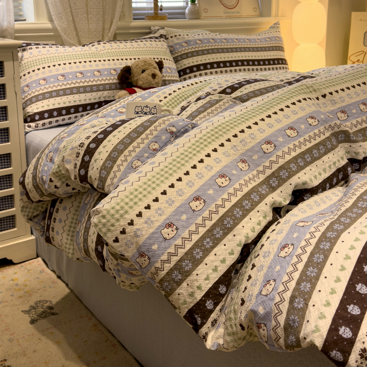 91家纺网 家纺一手货源 找家纺 老K (原美阁） 2026新款费尔岛泡芙棉四件套简约款单被套四件套 甜心凯特猫-蓝