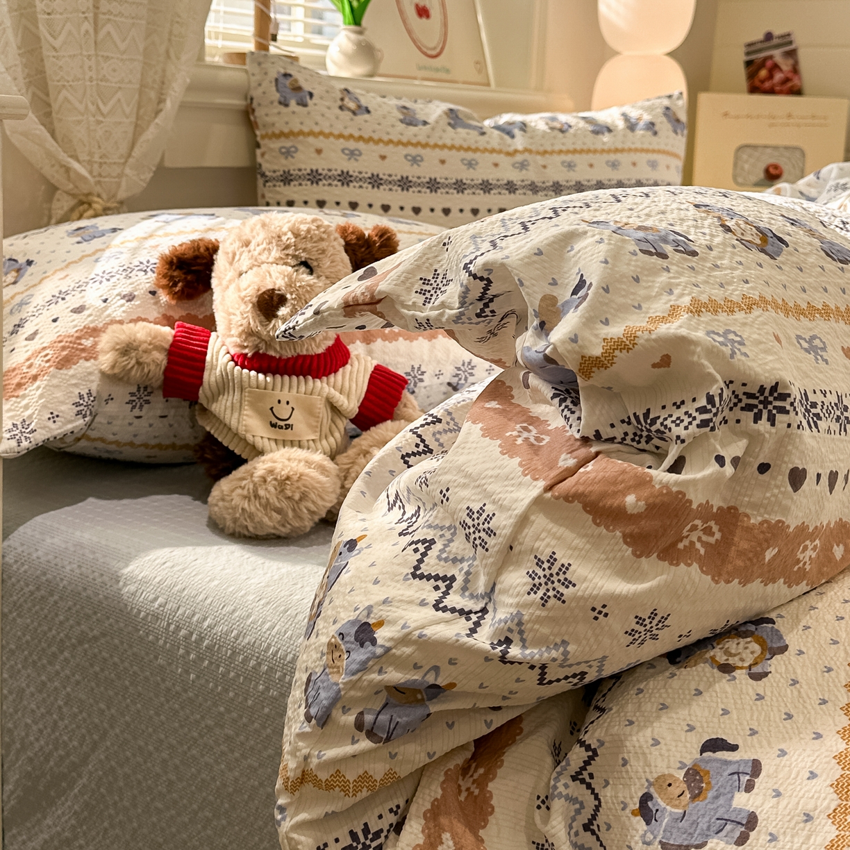 91家纺网 家纺一手货源 找家纺 老K (原美阁） 2026新款费尔岛泡芙棉四件套简约款单被套四件套 萌趣小马