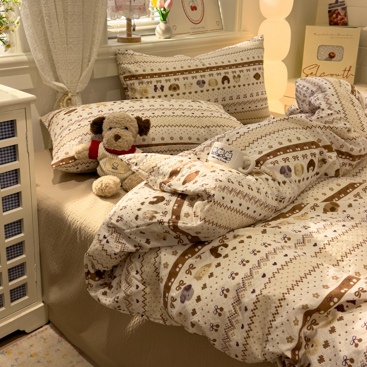 91家纺网 家纺一手货源 找家纺 老K (原美阁） 2026新款费尔岛泡芙棉四件套简约款单被套四件套 甜心小狗