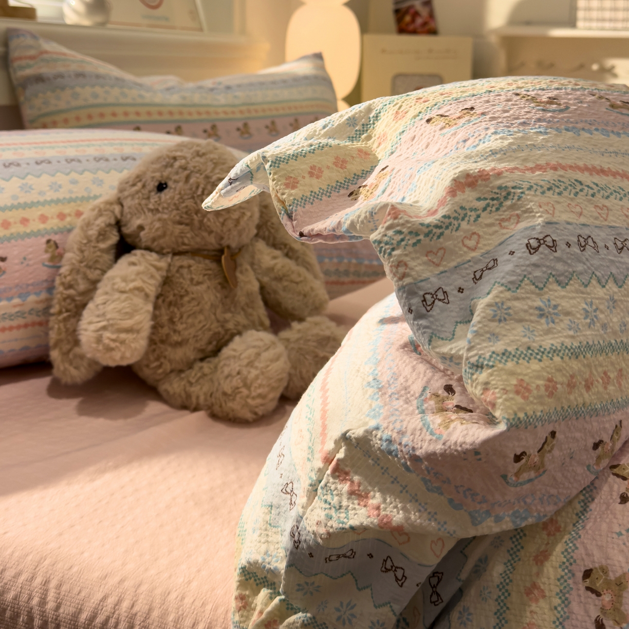 91家纺网 家纺一手货源 找家纺 老K (原美阁） 2026新款费尔岛泡芙棉四件套简约款单被套四件套 欢快小木马