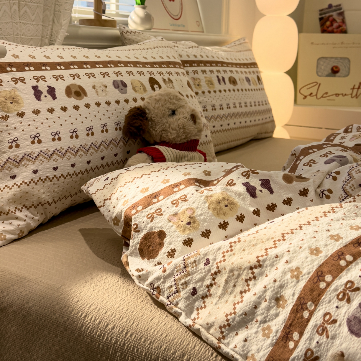 91家纺网 家纺一手货源 找家纺 老K (原美阁） 2026新款费尔岛泡芙棉四件套简约款单被套四件套 甜心小狗