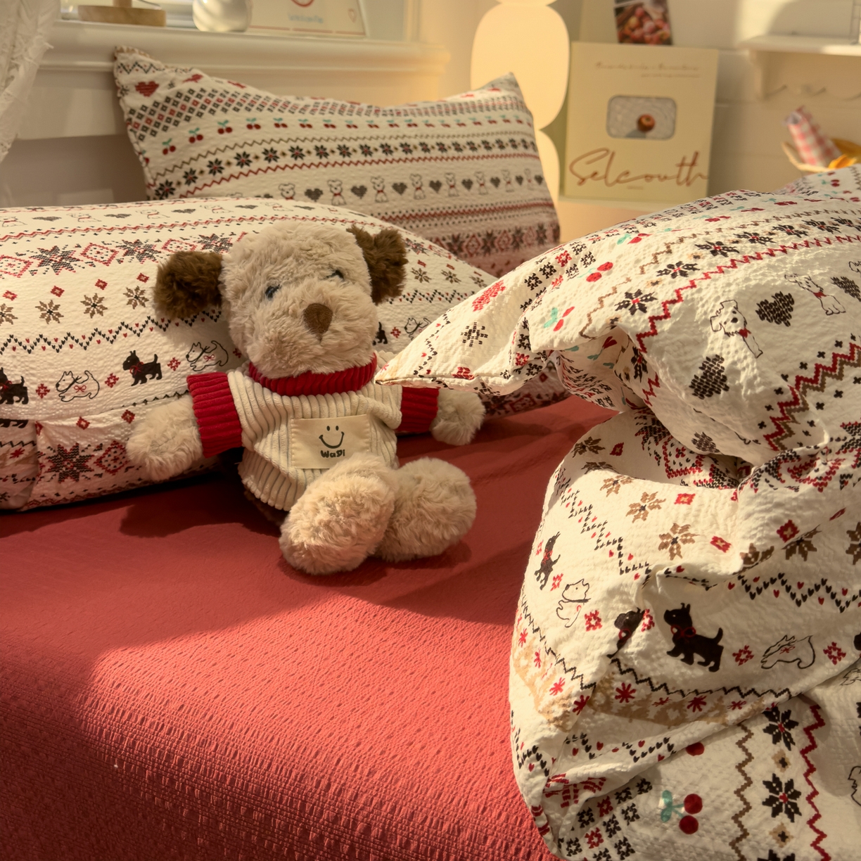 91家纺网 家纺一手货源 找家纺 老K (原美阁） 2026新款费尔岛泡芙棉四件套简约款单被套四件套 圣诞小狗