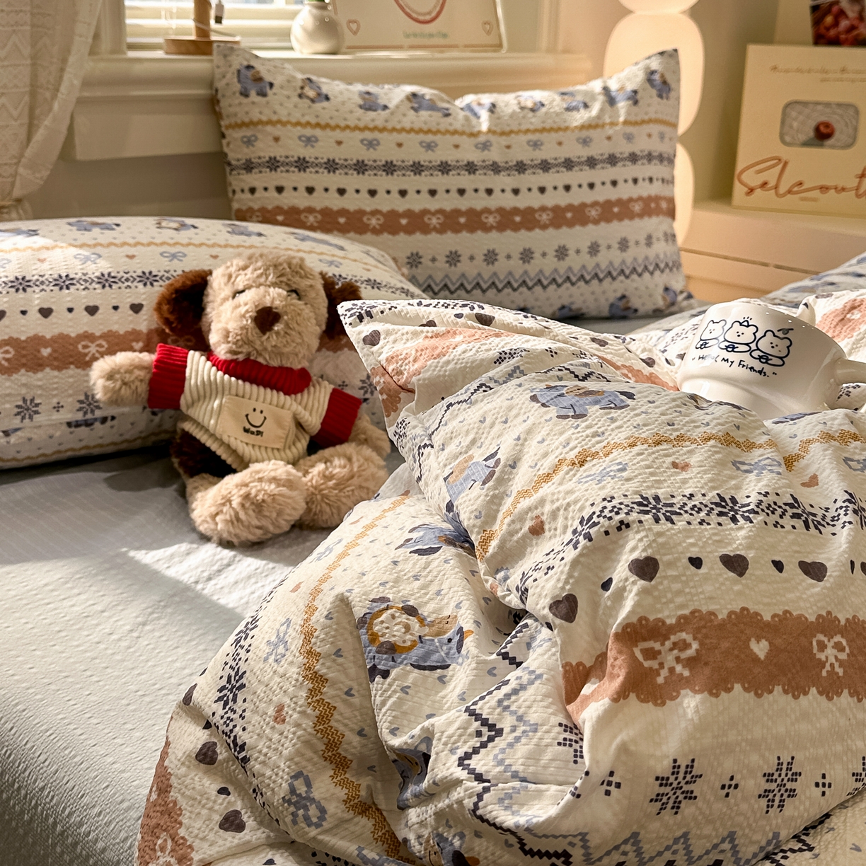 91家纺网 家纺一手货源 找家纺 老K (原美阁） 2026新款费尔岛泡芙棉四件套简约款单被套四件套 萌趣小马