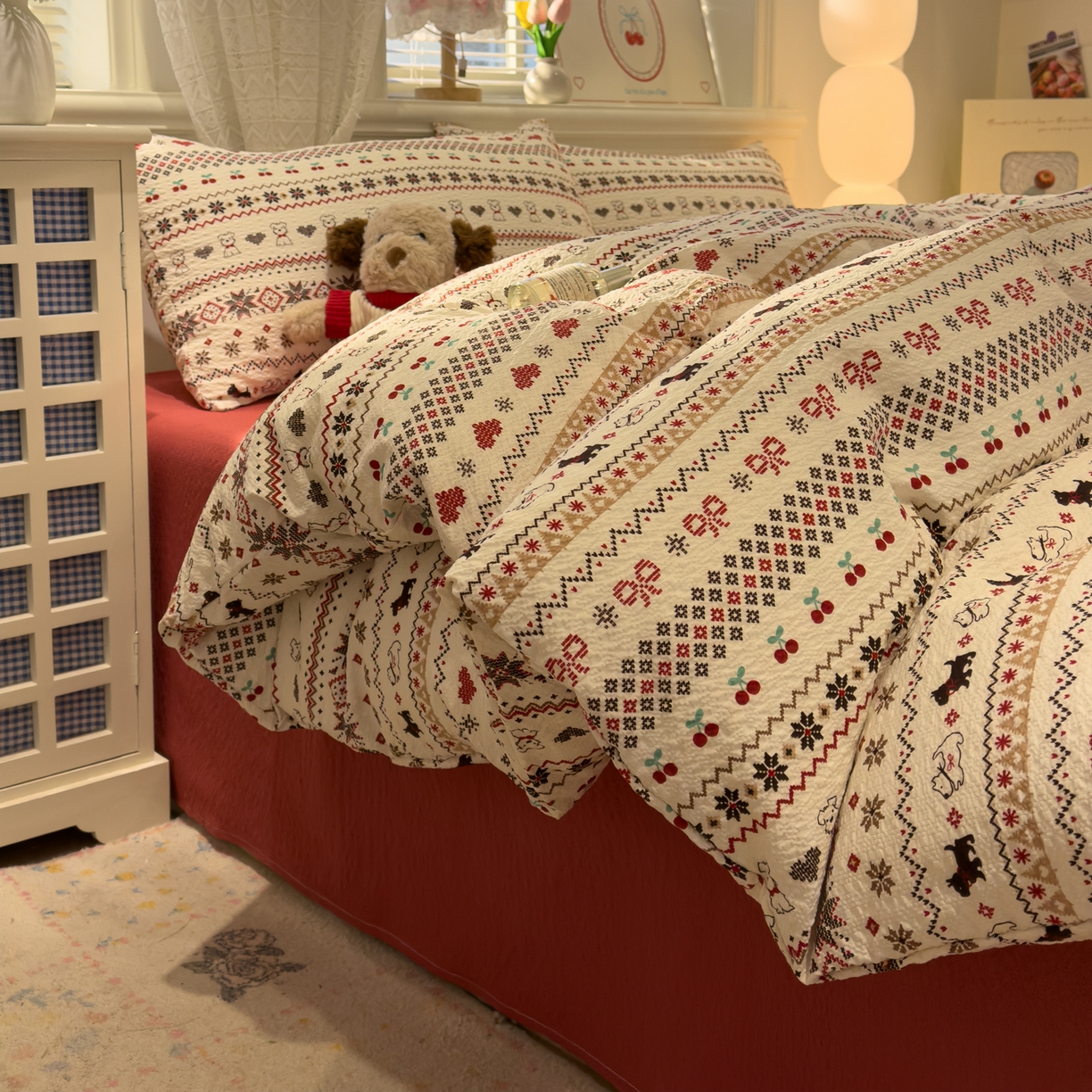 91家纺网 家纺一手货源 找家纺 老K (原美阁） 2026新款费尔岛泡芙棉四件套简约款单被套四件套 圣诞小狗