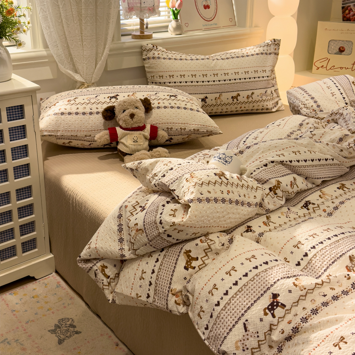 91家纺网 家纺一手货源 找家纺 老K (原美阁） 2026新款费尔岛泡芙棉四件套简约款单被套四件套 焦糖小森林