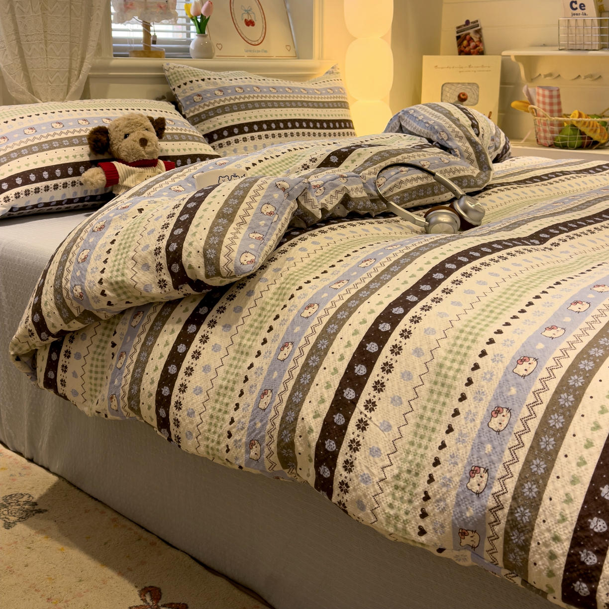 91家纺网 家纺一手货源 找家纺 老K (原美阁） 2026新款费尔岛泡芙棉四件套简约款单被套四件套 甜心凯特猫-蓝