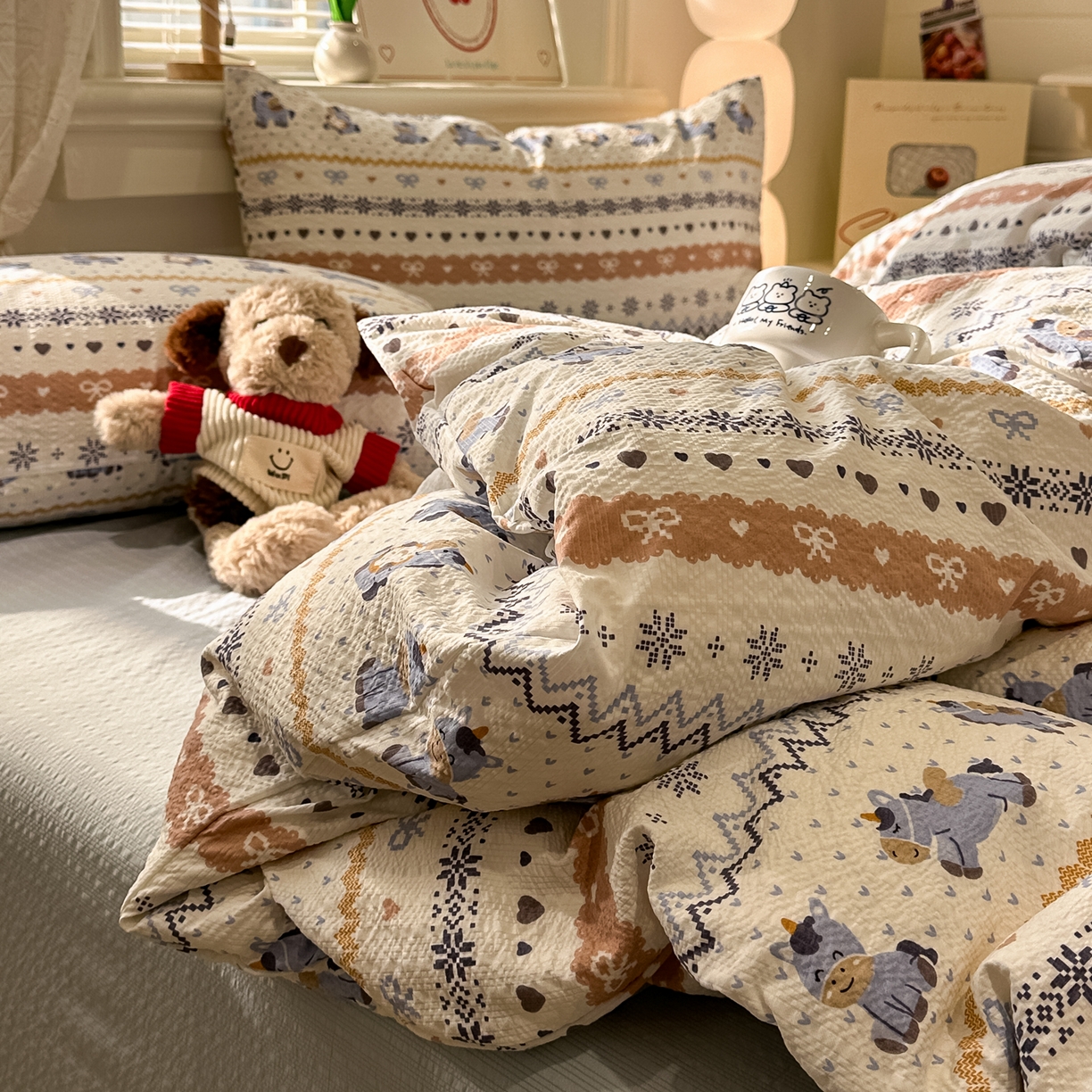 91家纺网 家纺一手货源 找家纺 老K (原美阁） 2026新款费尔岛泡芙棉四件套简约款单被套四件套 萌趣小马