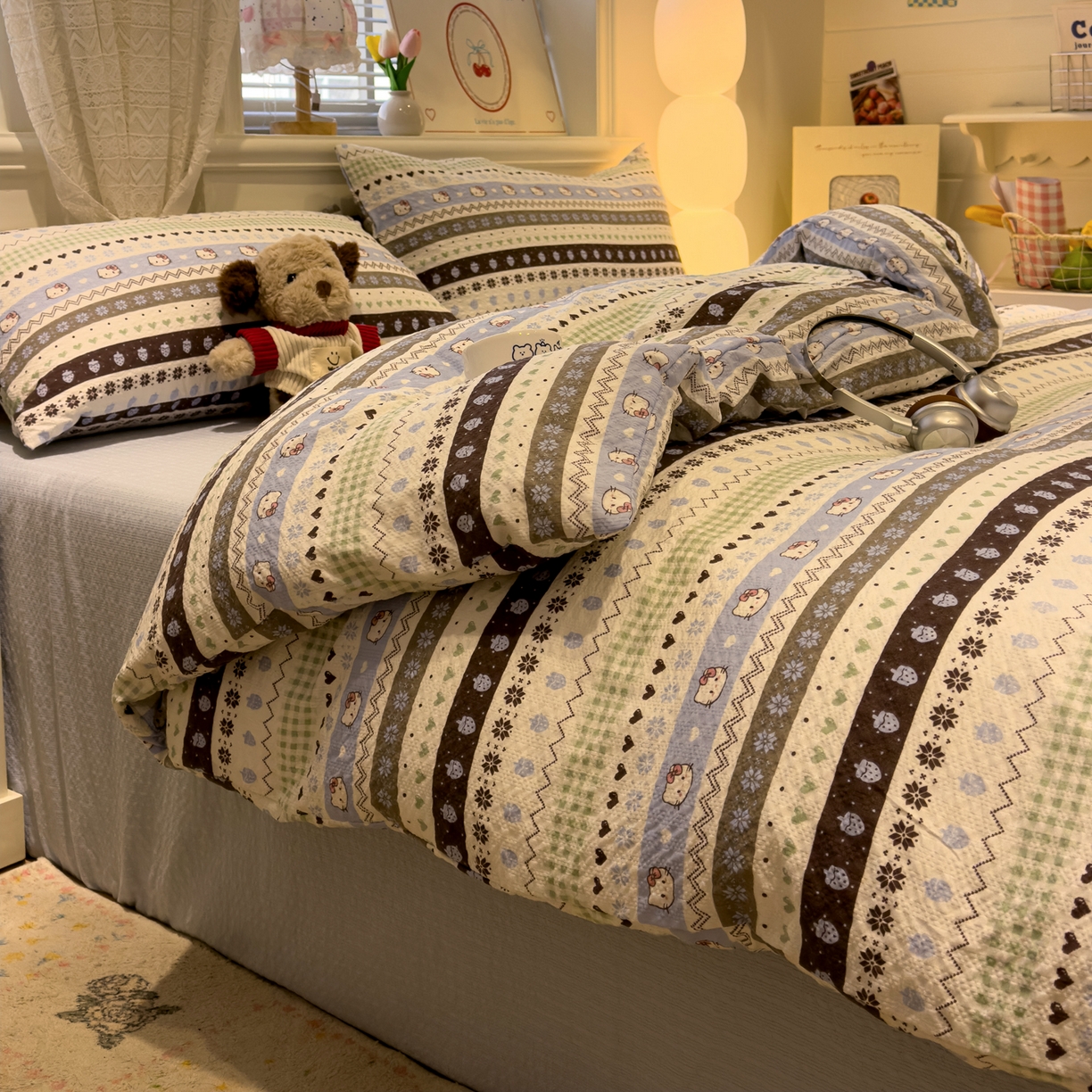 91家纺网 家纺一手货源 找家纺 老K (原美阁） 2026新款费尔岛泡芙棉四件套简约款单被套四件套 甜心凯特猫-蓝