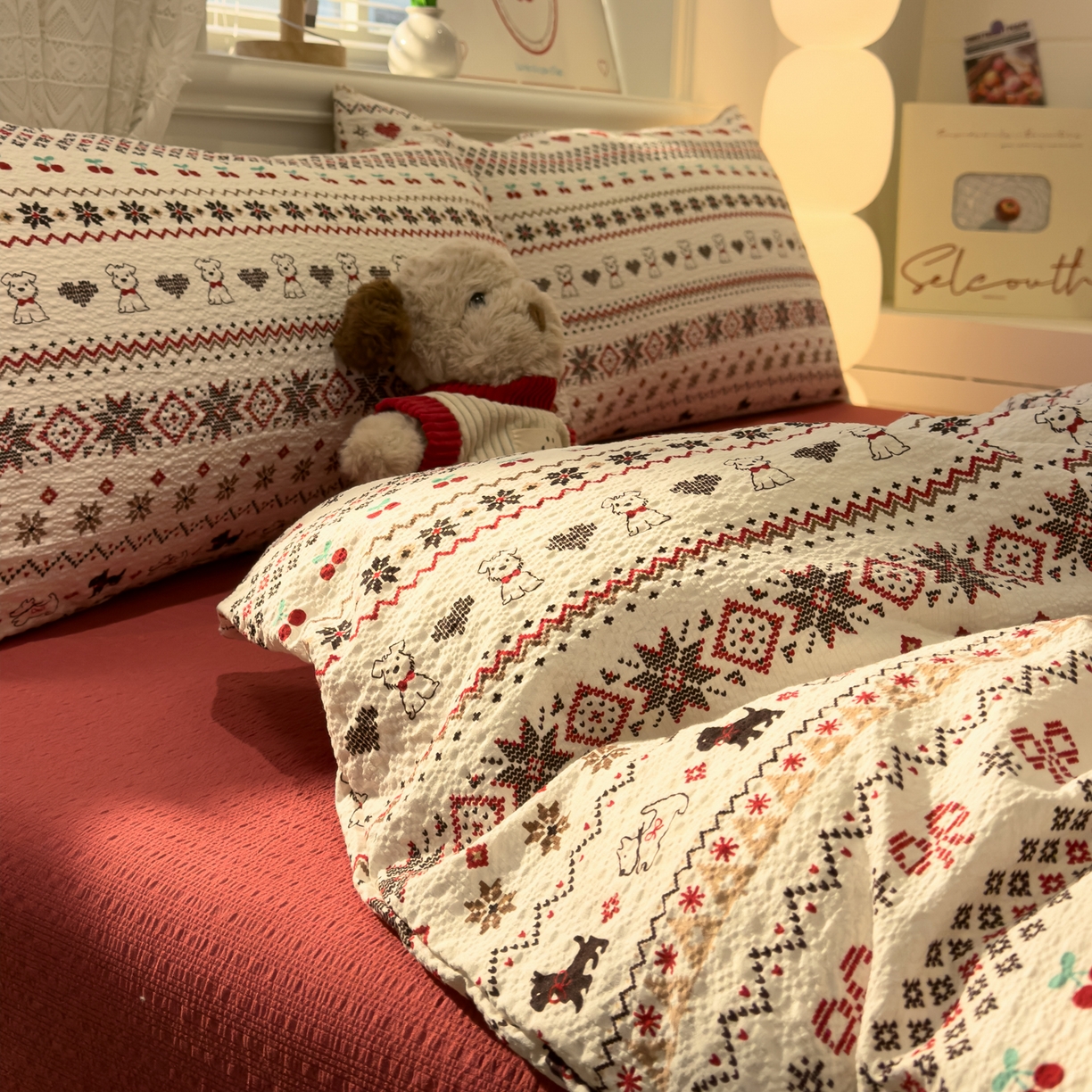 91家纺网 家纺一手货源 找家纺 老K (原美阁） 2026新款费尔岛泡芙棉四件套简约款单被套四件套 圣诞小狗