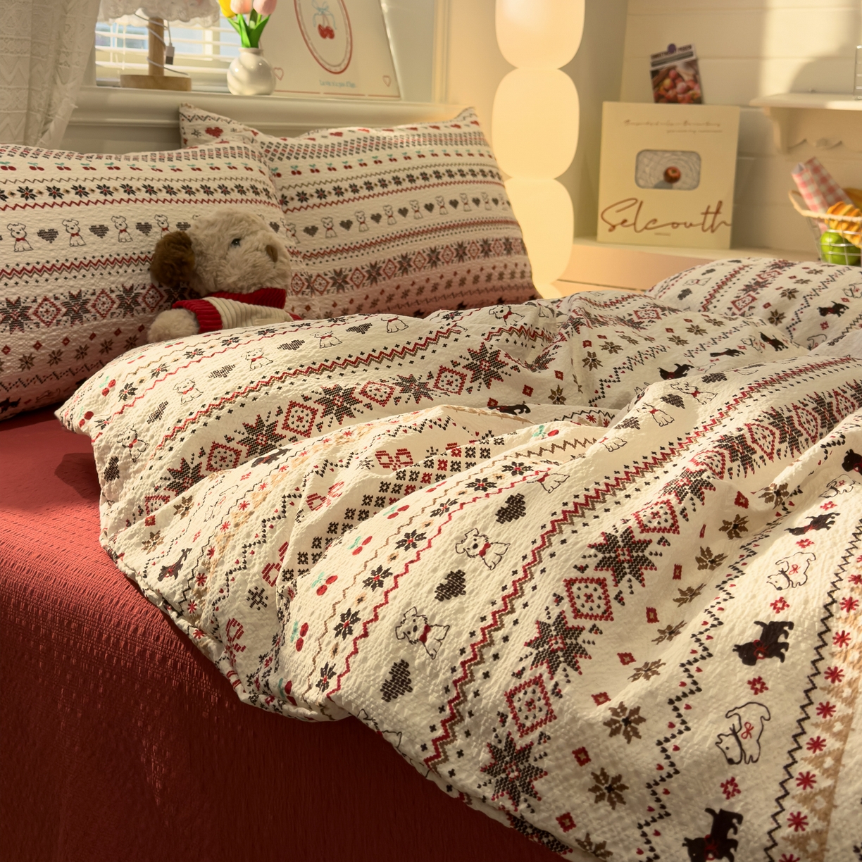 91家纺网 家纺一手货源 找家纺 老K (原美阁） 2026新款费尔岛泡芙棉四件套简约款单被套四件套 圣诞小狗