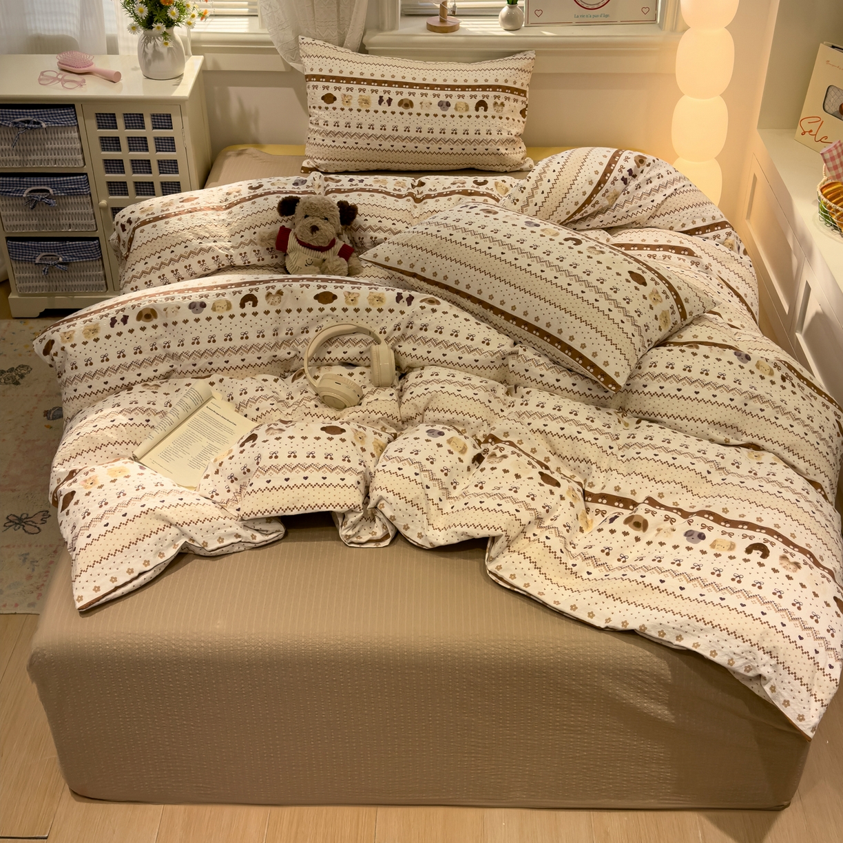 91家纺网 家纺一手货源 找家纺 老K (原美阁） 2026新款费尔岛泡芙棉四件套简约款单被套四件套 甜心小狗