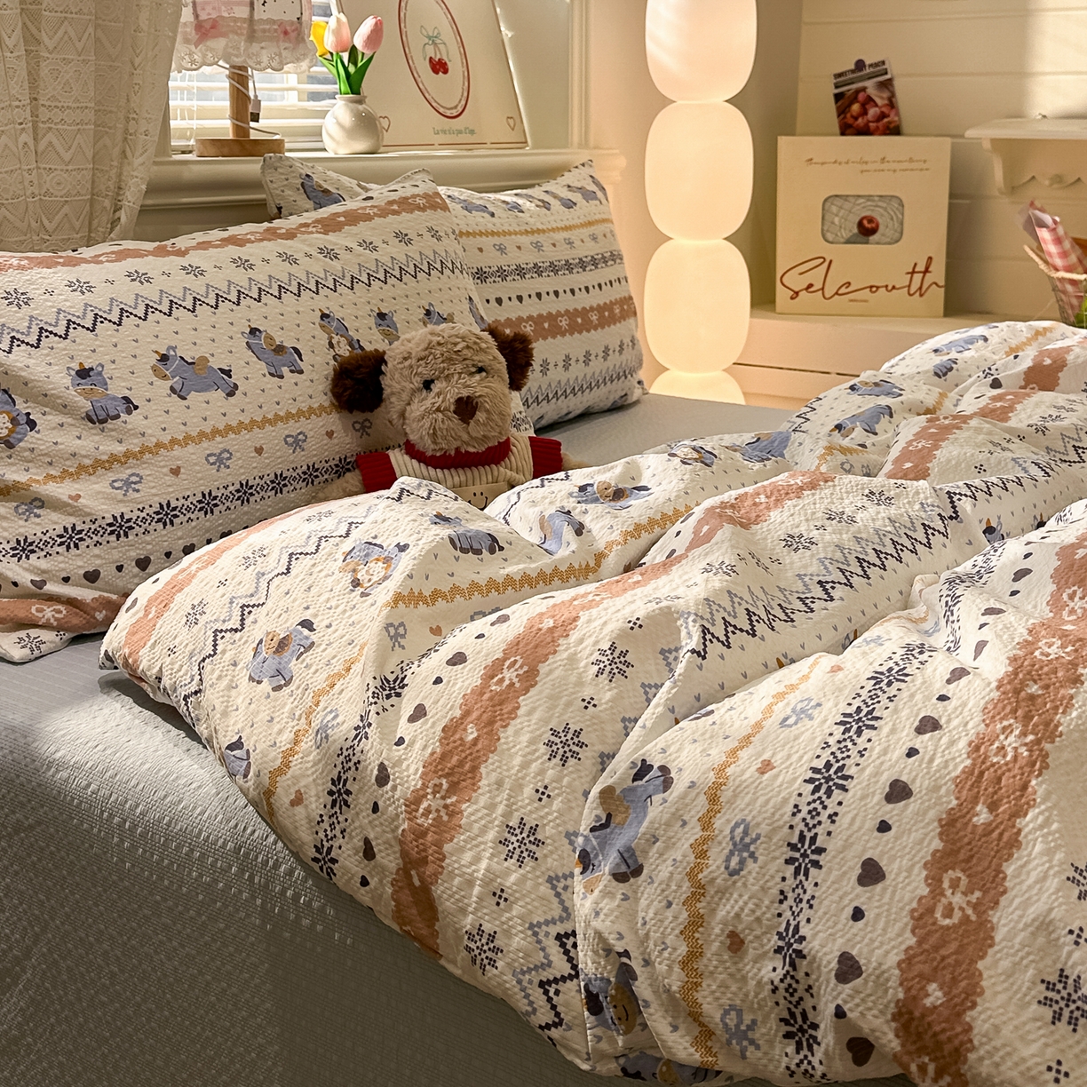 91家纺网 家纺一手货源 找家纺 老K (原美阁） 2026新款费尔岛泡芙棉四件套简约款单被套四件套 萌趣小马