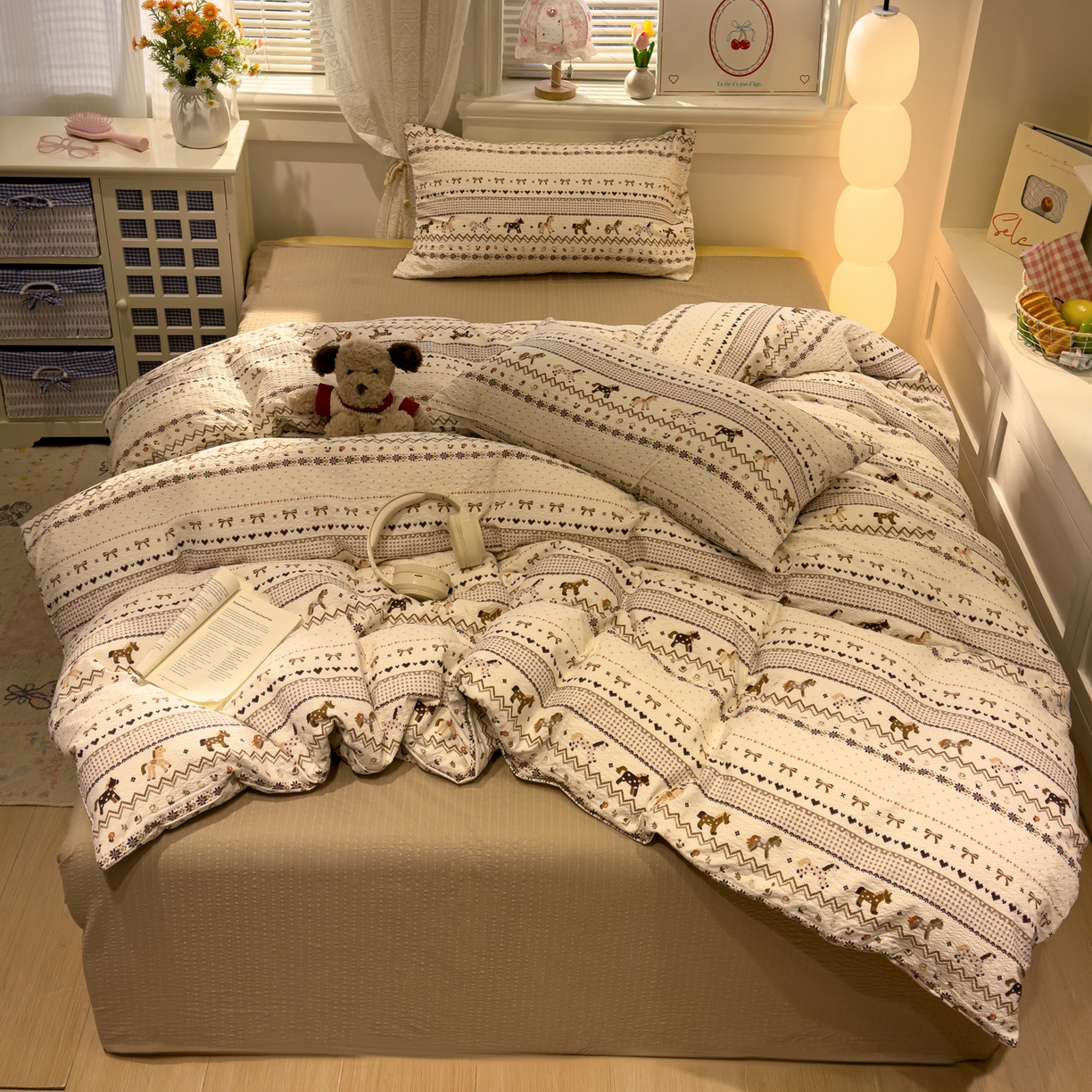 91家纺网 家纺一手货源 找家纺 老K (原美阁） 2026新款费尔岛泡芙棉四件套简约款单被套四件套 焦糖小森林