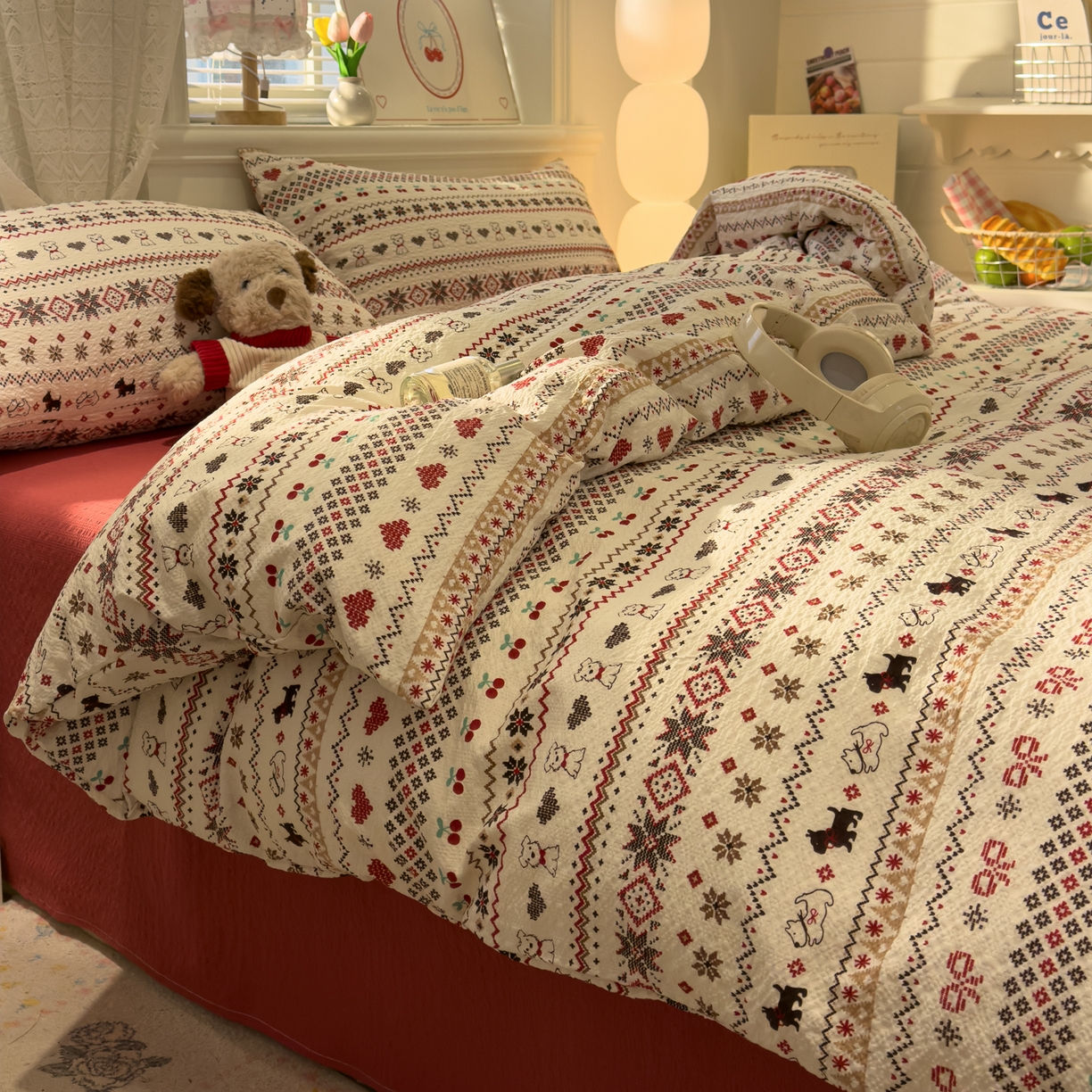 91家纺网 家纺一手货源 找家纺 老K (原美阁） 2026新款费尔岛泡芙棉四件套简约款单被套四件套 圣诞小狗