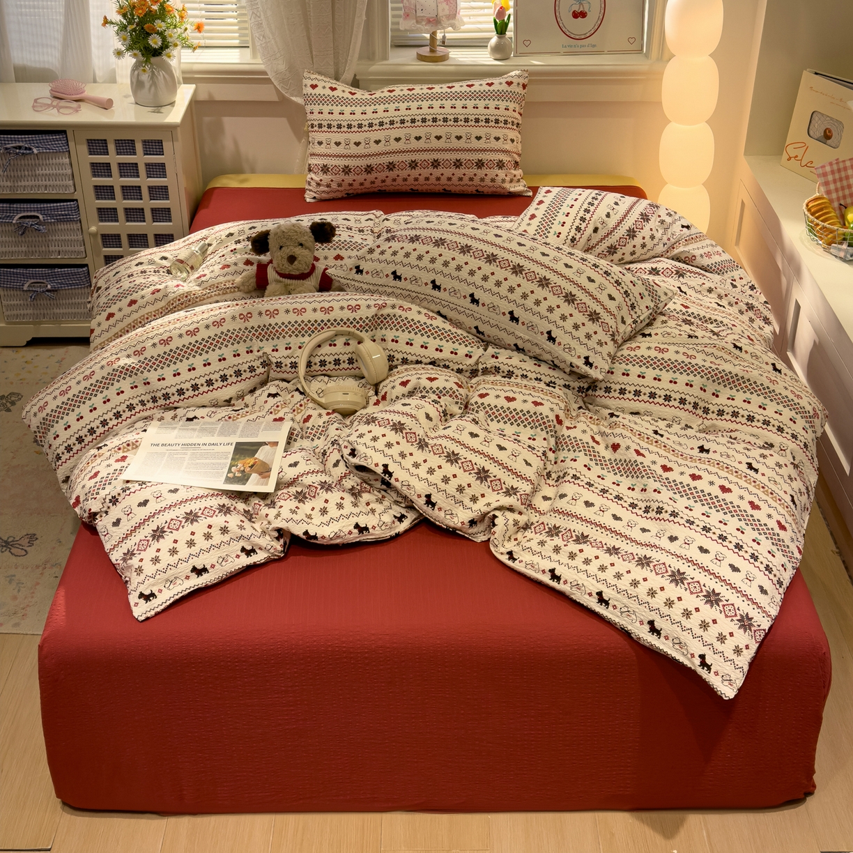 91家纺网 家纺一手货源 找家纺 老K (原美阁） 2026新款费尔岛泡芙棉四件套简约款单被套四件套 圣诞小狗