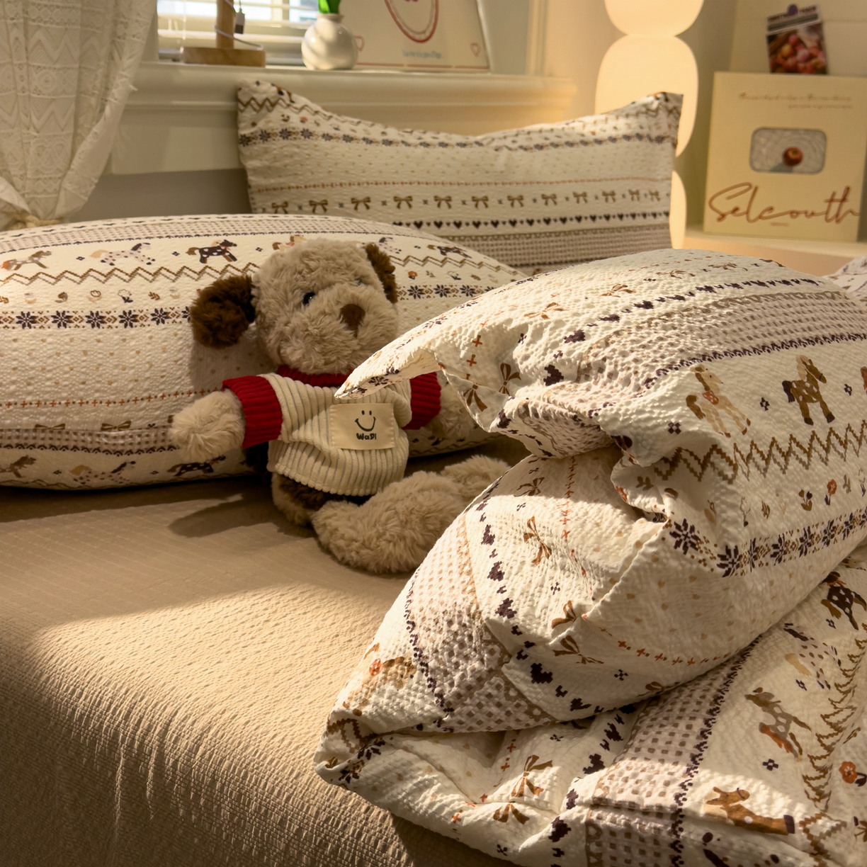 91家纺网 家纺一手货源 找家纺 老K (原美阁） 2026新款费尔岛泡芙棉四件套简约款单被套四件套 焦糖小森林