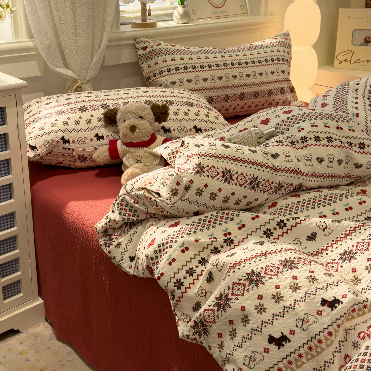 91家纺网 家纺一手货源 找家纺 老K (原美阁） 2026新款费尔岛泡芙棉四件套简约款单被套四件套 圣诞小狗