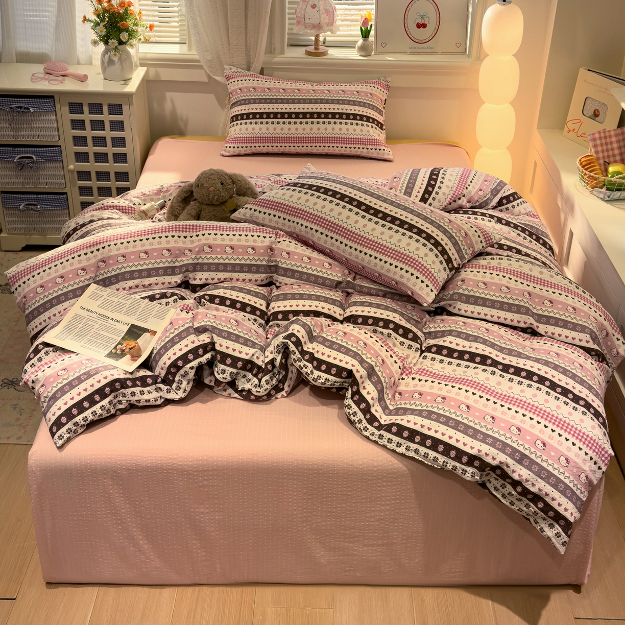 91家纺网 家纺一手货源 找家纺 老K (原美阁） 2026新款费尔岛泡芙棉四件套简约款单被套四件套 甜心凯特粉