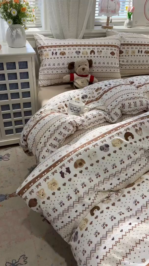 91家纺网 家纺一手货源 找家纺 老K (原美阁） 2026新款费尔岛泡芙棉四件套简约款单被套四件套 甜心小狗