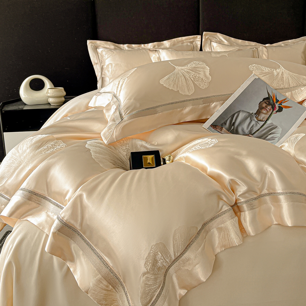 91家纺网 家纺一手货源 找家纺 置顶家纺 2026新款栀夏银杏叶亲肤提花刺绣四件套 栀夏-浅香槟