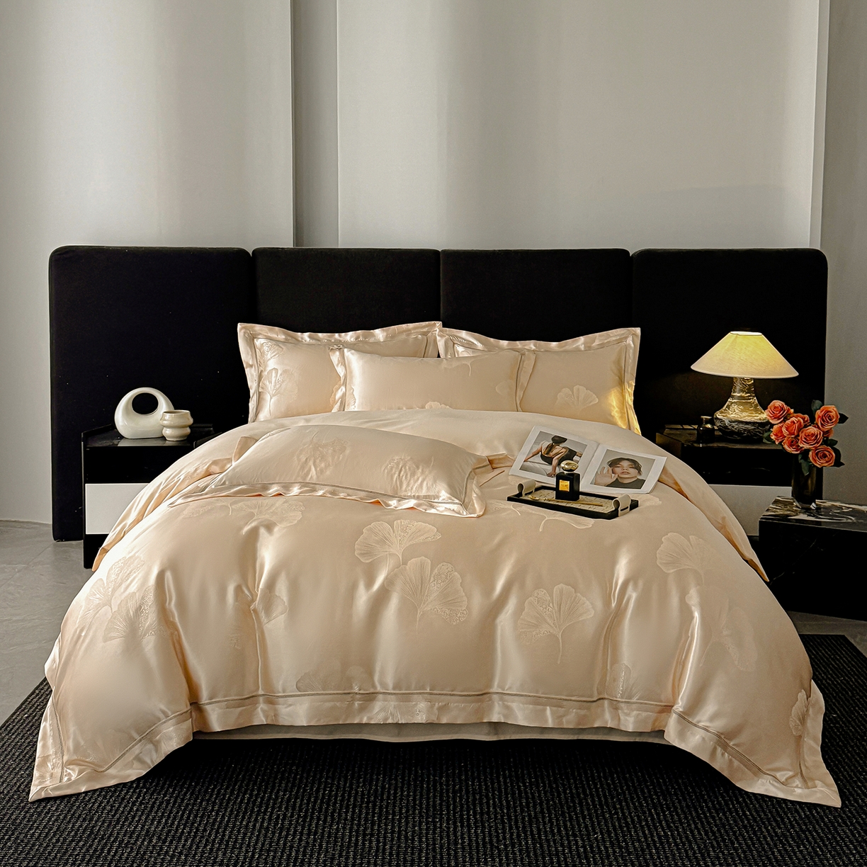 91家纺网 家纺一手货源 找家纺 置顶家纺 2026新款栀夏银杏叶亲肤提花刺绣四件套 栀夏-浅香槟