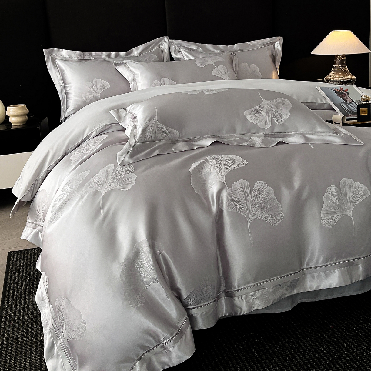 91家纺网 家纺一手货源 找家纺 置顶家纺 2026新款栀夏银杏叶亲肤提花刺绣四件套 栀夏-浅灰