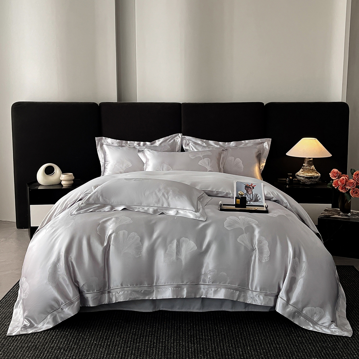 91家纺网 家纺一手货源 找家纺 置顶家纺 2026新款栀夏银杏叶亲肤提花刺绣四件套 栀夏-浅灰