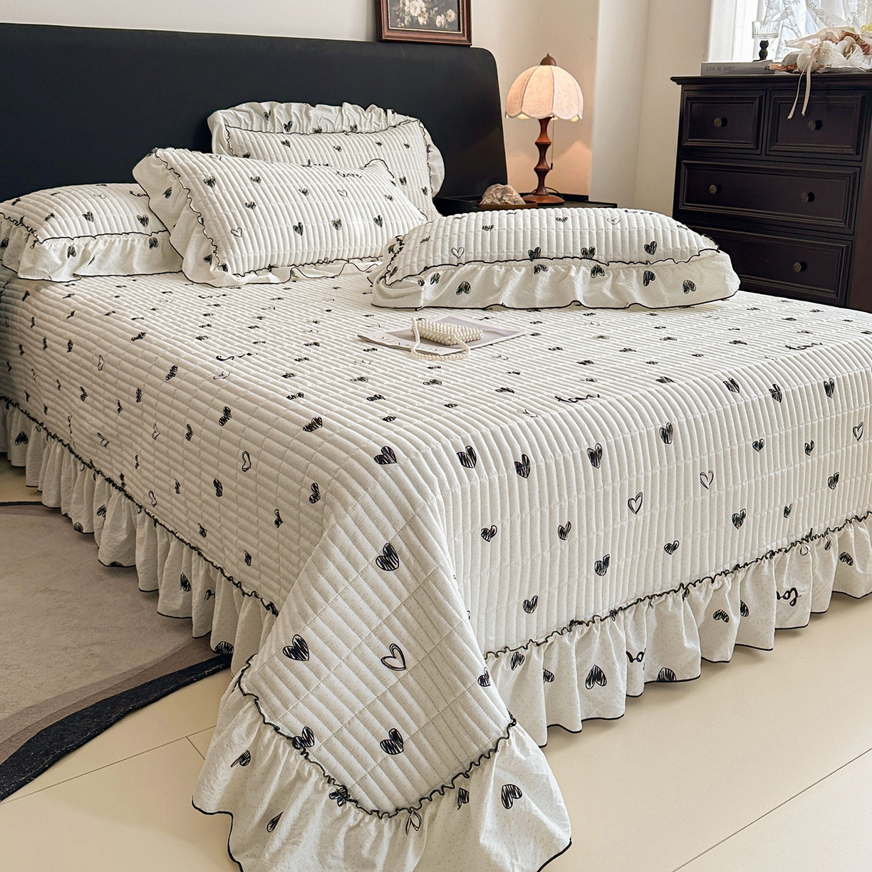 眠势力 2026新款双层纱花边床盖单件加厚夹棉云感皱皱纱大花边床单三件套赫本风 心语告白