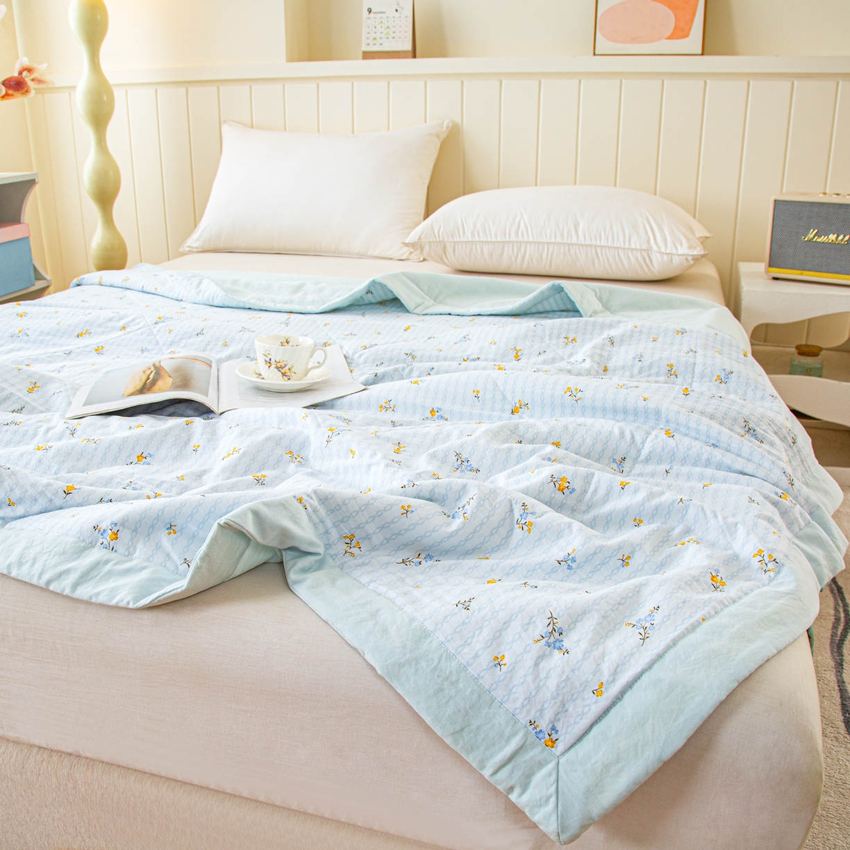 91家纺网 家纺一手货源 找家纺 美之润家纺 2026新款棉花新疆棉花被印花夏被学生单人宿舍夏被 浅蓝碎花