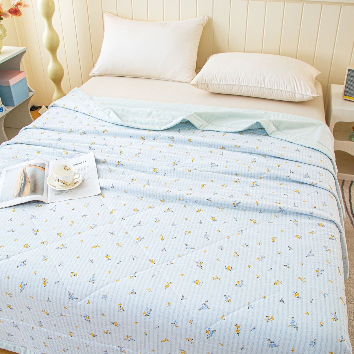 91家纺网 家纺一手货源 找家纺 美之润家纺 2026新款棉花新疆棉花被印花夏被学生单人宿舍夏被 浅蓝碎花