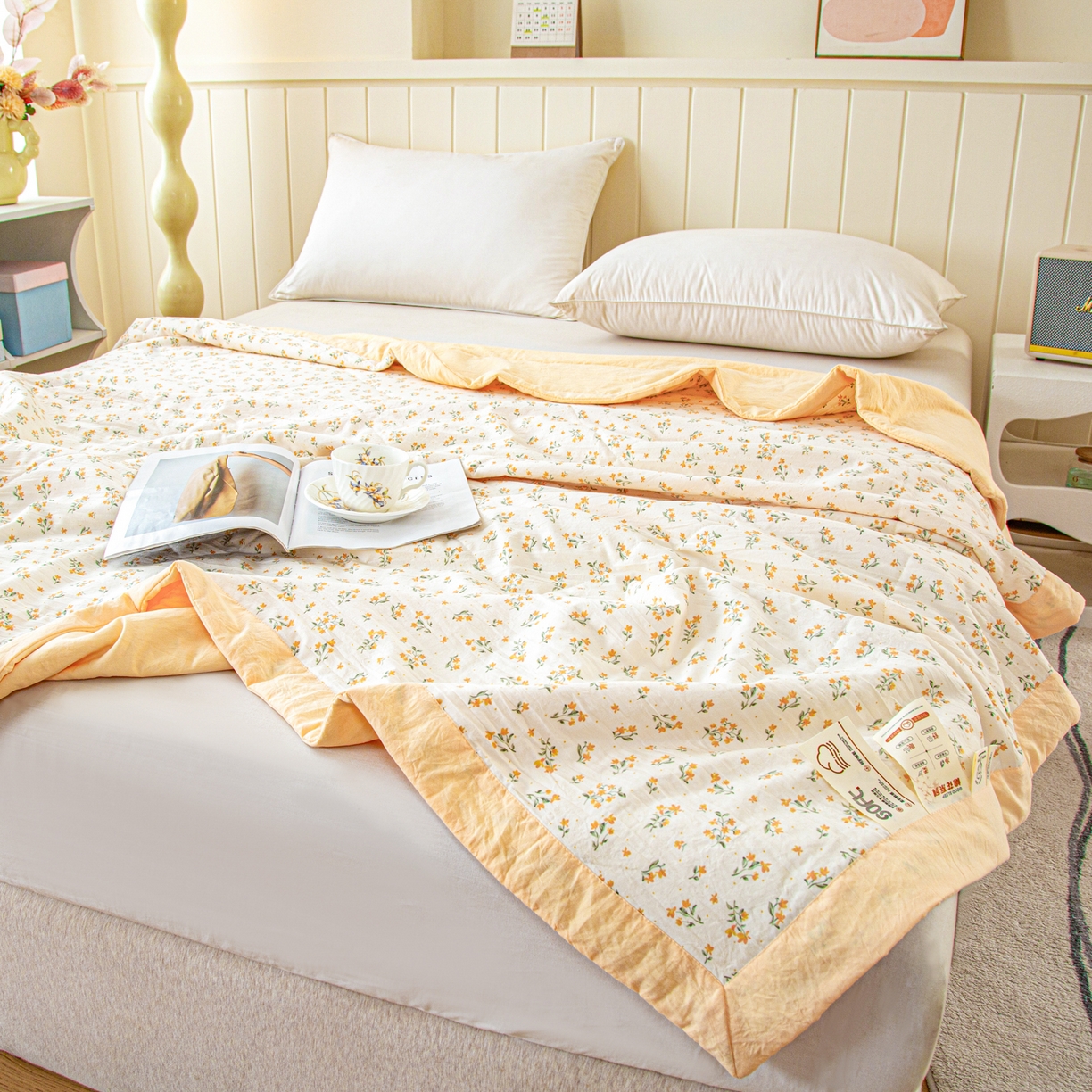 91家纺网 家纺一手货源 找家纺 美之润家纺 2026新款棉花新疆棉花被印花夏被学生单人宿舍夏被 棉柔浅黄