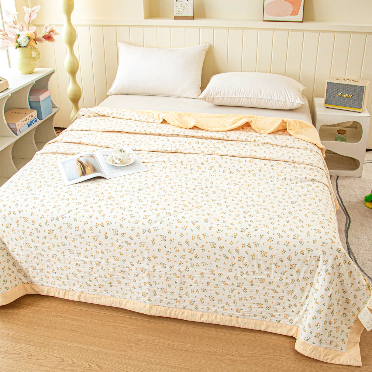 91家纺网 家纺一手货源 找家纺 美之润家纺 2026新款棉花新疆棉花被印花夏被学生单人宿舍夏被 棉柔浅黄