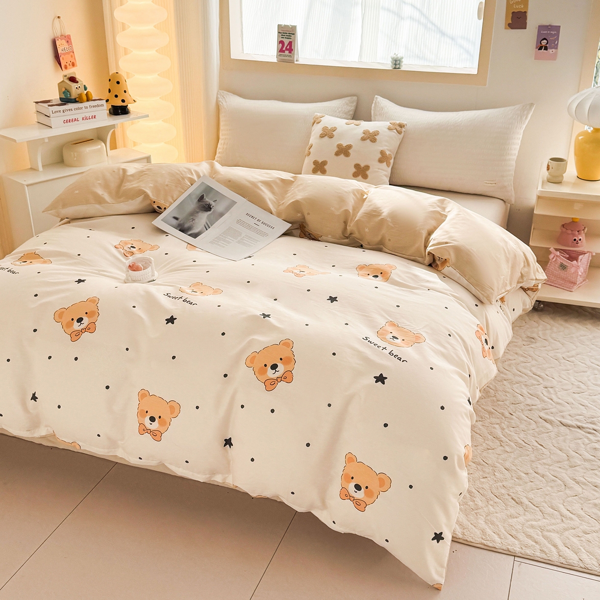 91家纺网 家纺一手货源 找家纺 小蓝孩家纺 2026新款12868全棉印花单被套(联系商家可打折，尺寸可定制) 领结熊宝