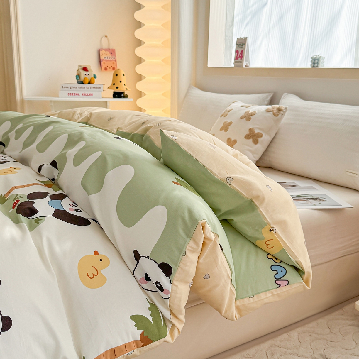 小蓝孩家纺 2026新款12868全棉印花单被套(联系商家可打折，尺寸可定制) 熊猫鸭鸭乐-绿