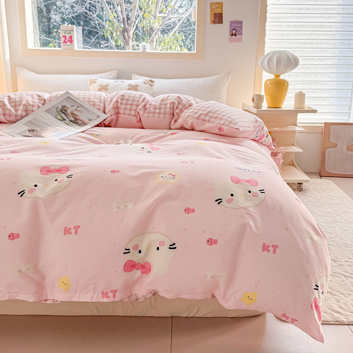 91家纺网 家纺一手货源 找家纺 小蓝孩家纺 2026新款12868全棉印花单被套(联系商家可打折，尺寸可定制) 甜心猫咪