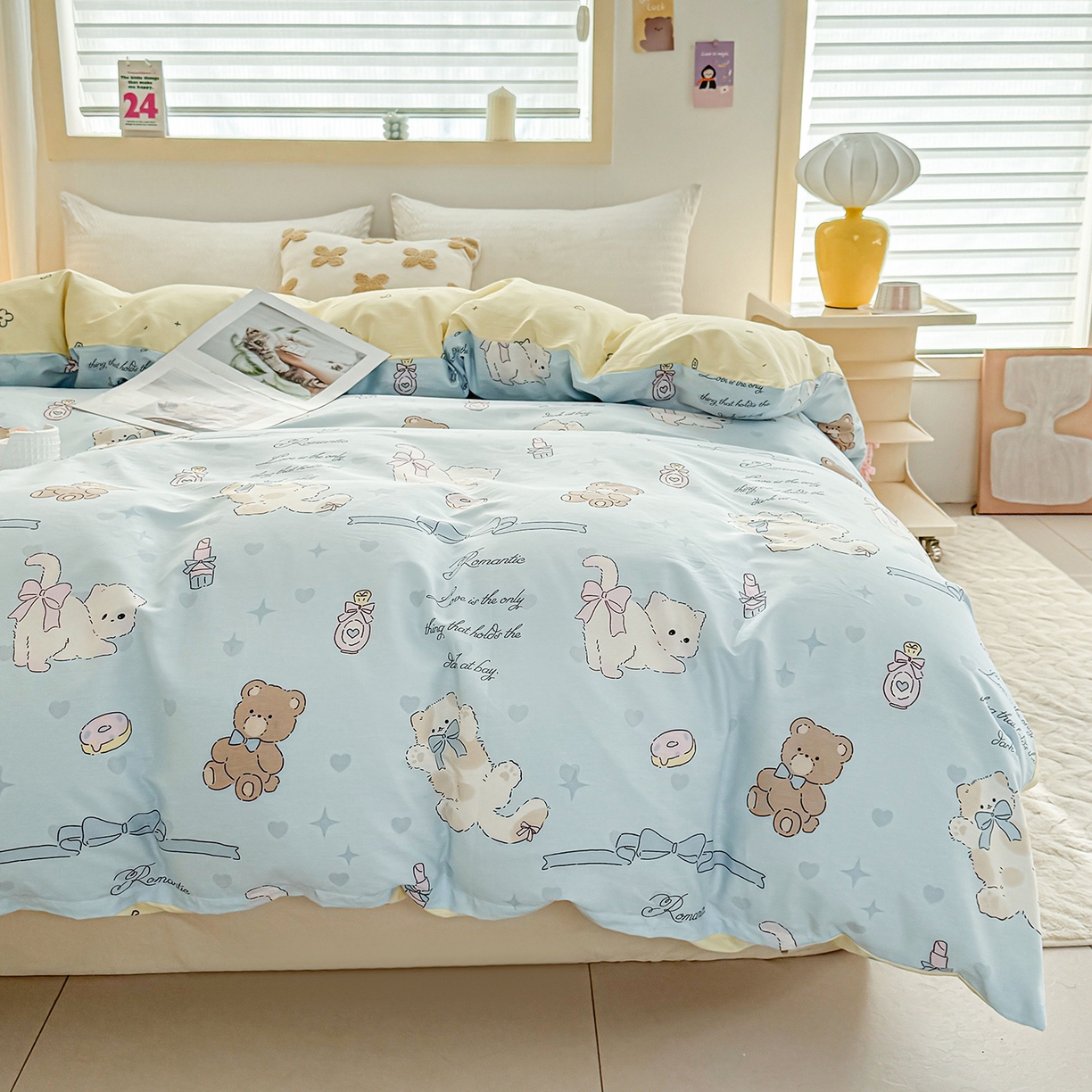 91家纺网 家纺一手货源 找家纺 小蓝孩家纺 2026新款12868全棉印花单被套(联系商家可打折，尺寸可定制) 奶油阿布-蓝